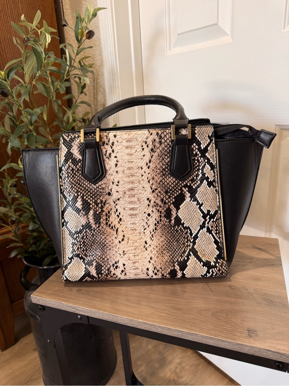 Snake-Print Panel Tote Handbag in Black and Beige